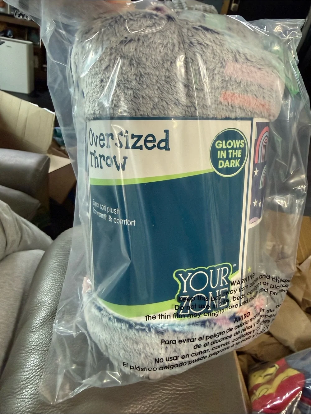 Oversized Plush Throw Blanket - Gray with Pink Accents. 50x72. Sold in bundle